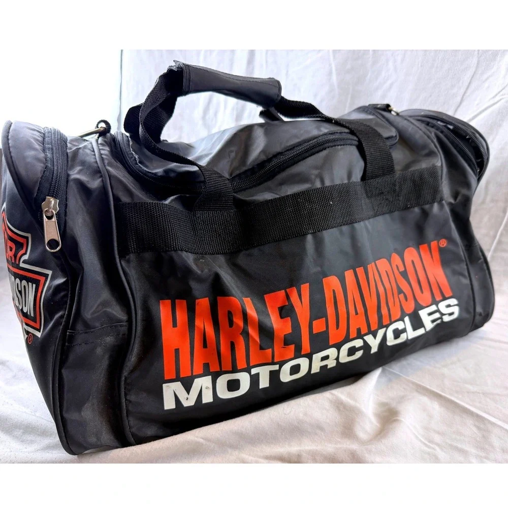 Harley Davidson Motorcycles Duffel Bag Black Orange Travel Gym Gear Bag 19 inch - Picture 1 of 3